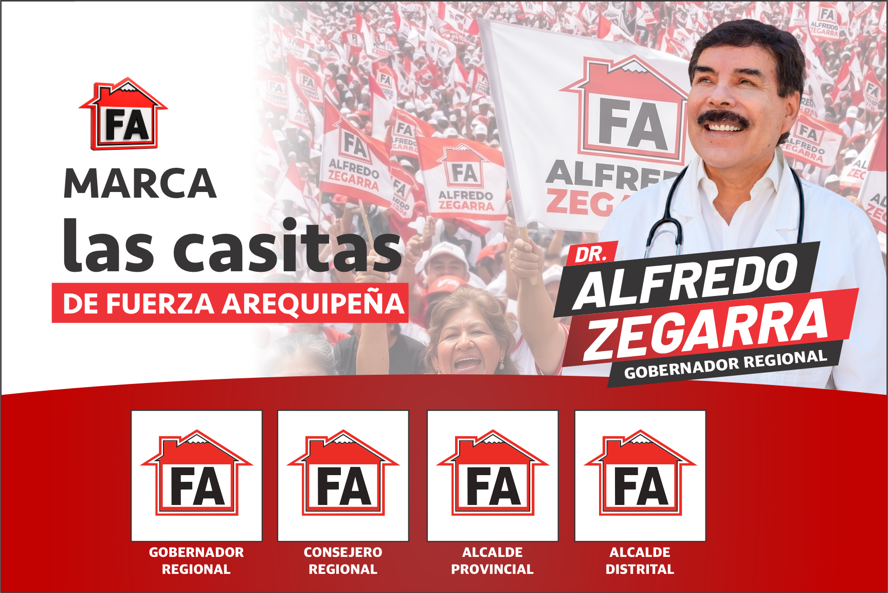 Marca las casitas de Fuerza Arequipeña: Gobernador Regional, Consejero Regional, Alcalde Provincial, Alcalde Distrital
